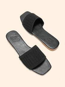 CUCCOO BASICS Women's Black Square Toe Strap Slide Sandals, Casual Fashion Versatile Flat Slippers - Black - View 4