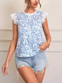 SHEIN VCAY Plus Size Women's Holiday Floral Print Contrast Lace Cap Sleeve Blouse Lace Top Cute Summer Tops