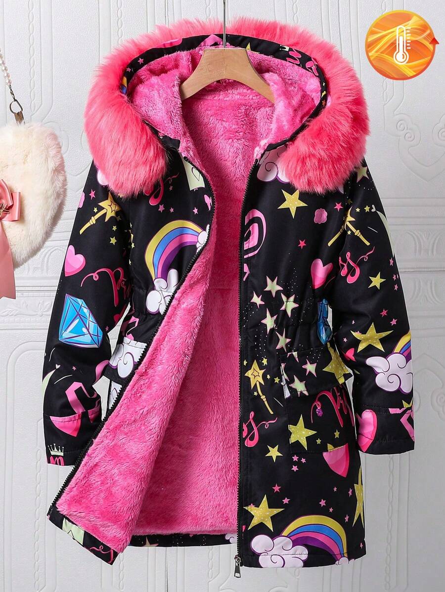 Sparklyn Tween Girl Heart & Star Print Thermal Lined Hooded Casual Jacket For Winter - Black - View 1