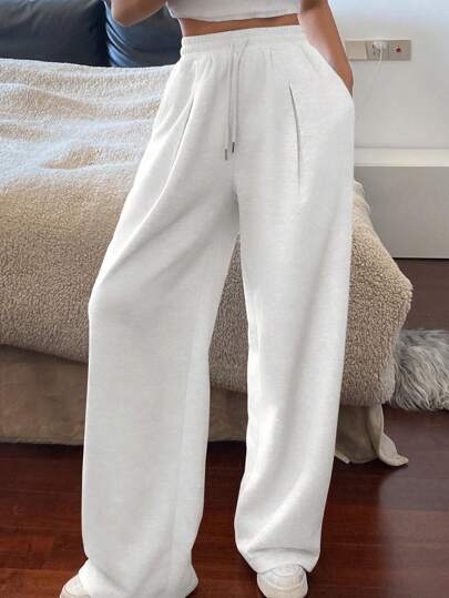 Livesso Solid Color Loose Drawstring Waist Pockets Casual Sports Pants For Women, Summer Sweatpants