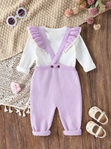 SHEIN Vintaside Kids 女嬰針織連身衣，秋冬嬰兒連身褲，白色紫色吊帶長褲，可愛休閒，親子套裝 - 紫色 - 查看 2