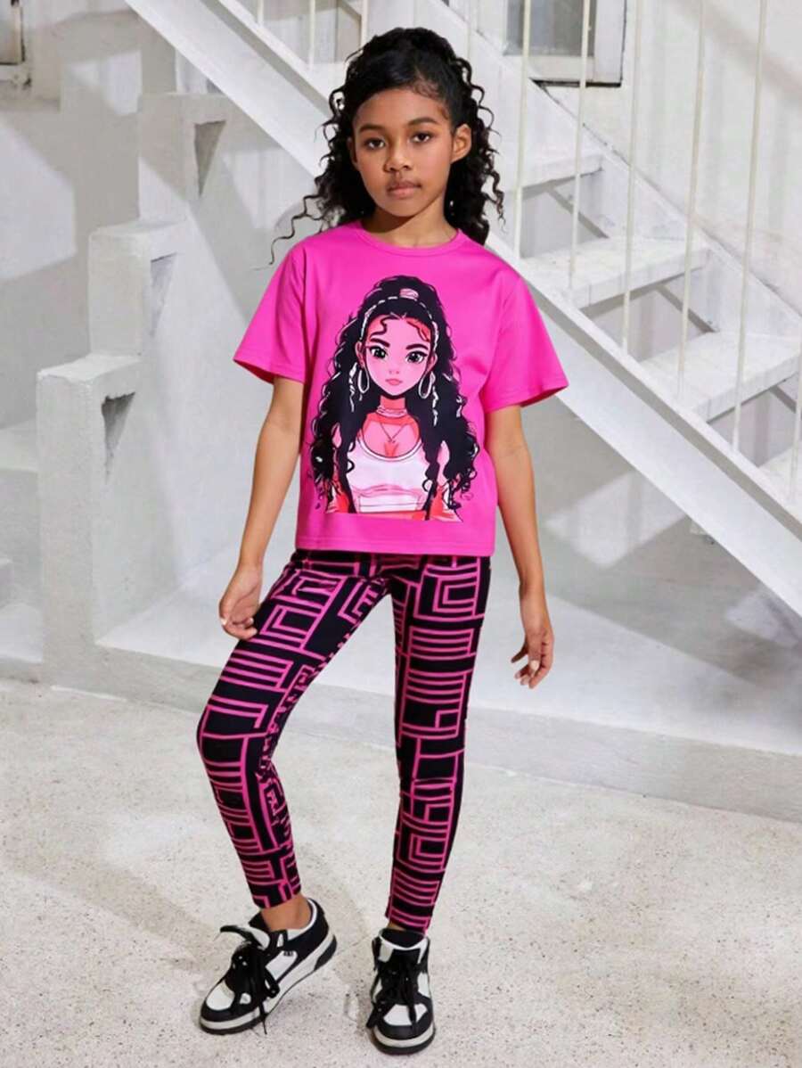 Girls Beauty Graphic Short Sleeve Round Neck 2pcs Set - Hot Pink - View 1