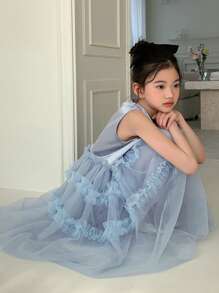 DAZY Ärmlös meshklänning för tweenflickor, rund halsringning, höst, kläder för skolstart - Grå - Visa 1