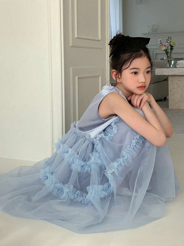 Tween Girl Crew Neck Sleeveless Mesh Dress, Autumn,Back To School Clothes