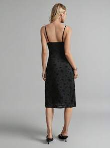 Easelle 女士性感黑色花卉植绒和网眼蕾丝拼接深 V 领紧身吊带裙 - 黑色 - 查看 5