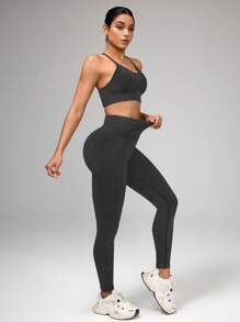 Easithlete Women Plain Color Back Tie Cropped Tank Top And Legging Athleisure Set - Black - View 5