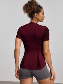 Gameset SHEIN Sport Women's Mesh Patchwork Short Sleeve Breathable Outdoor T-Shirt Compression Shirt Fitted Shirt Gym Shirts - Burgundy - View 3