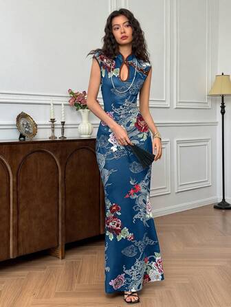 EastFlair Women's Floral & Dragon Print Slim Fit Elegant Chinese Style Dress