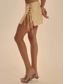 MUSERA Low Rise Multi Tie Side Split Detail Textured Satin Mini Skirt Spring Summer Sexy Club Vacation  New Years Party - Yellow - View 3