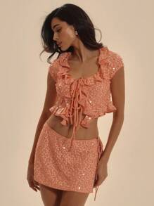 MUSERA Quadratischer Top mit Rüschenkragen, Bindeband vorn, Rüschensaum, Puffärmel, bestickt, für Frühling Sommer elegant, Urlaub, Club, Anlässe, süß, sexy, Ibiza-Style, passend für Feiertage