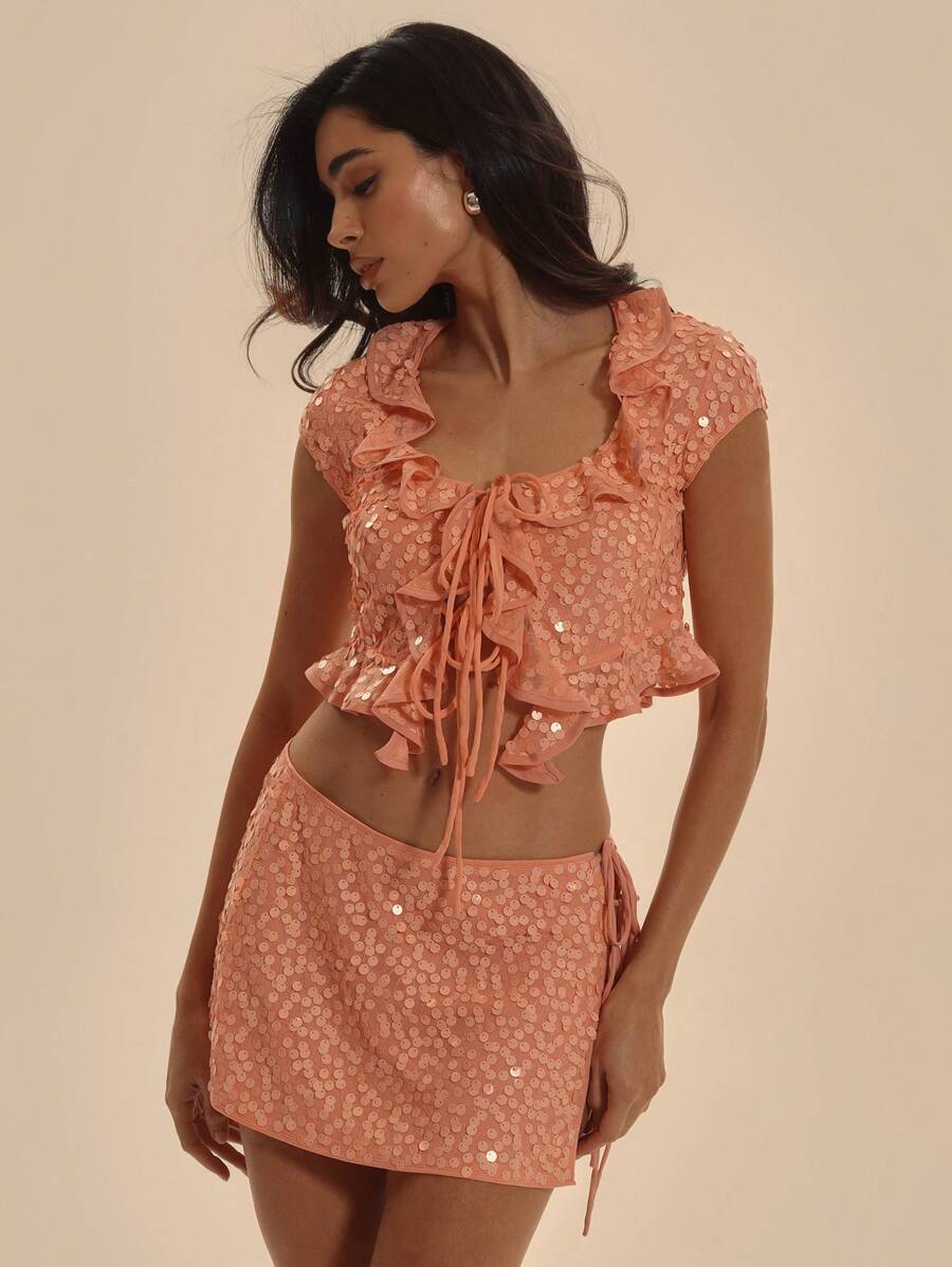 MUSERA Quadratischer Top mit Rüschenkragen, Bindeband vorn, Rüschensaum, Puffärmel, bestickt, für Frühling Sommer elegant, Urlaub, Club, Anlässe, süß, sexy, Ibiza-Style, passend für Feiertage