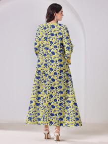 Al Najma Modest Floral Print V-Neck Long Sleeve Women Arabic Style Dress, Suitable For Spring & Summer - Yellow - View 2