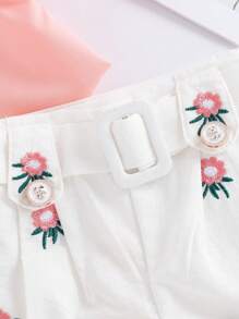 SHEIN Baby Girl Elegant Sweet Shirt And Floral Embroidery Shorts Set, Summer - Pink - View 3
