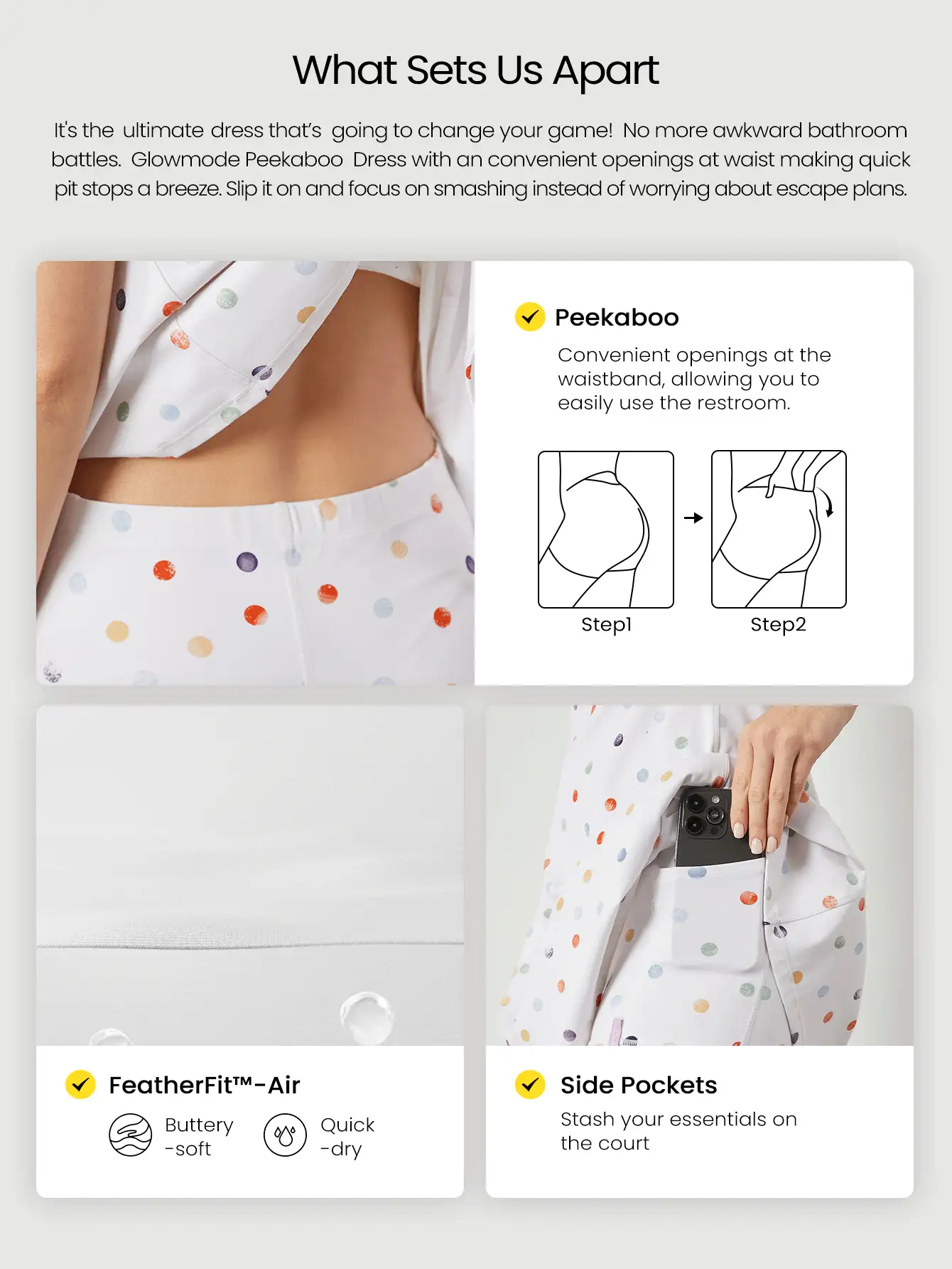 GLOWMODE FeatherFit™-Air Minikleid mit eingebauter Shorts, Quadrathalsausschnitt, rutschfest, Kreuzträger, leichte Unterstützung, geringes Gewicht, schnelltrocknend, feuchtigkeitsableitend, für Frühling und Sommer