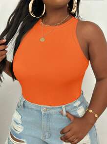 SHEIN PETITE CURVE 大码休闲修身 V 领无袖上衣 - 橘色 - 查看 4