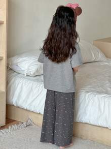 Dazy Kids Conjunto de camiseta de manga corta de punto de cuello redondo y pantalón largo de unicolor para niñas, para primavera/verano - Gris - Ver 4