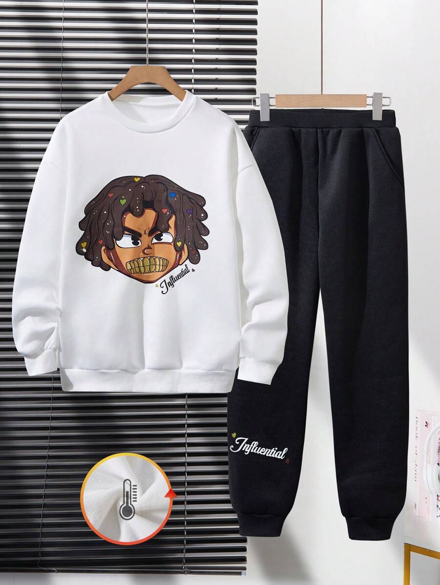 2pcs/Set Teenagers (Boys) Round Neck Long Sleeve Graphic Print Casual Top And Pants Set