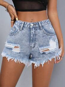 SHEIN PETITE Summer Fashionable Ripped Frayed Angled Pocket Denim Shorts - Light Wash - View 4
