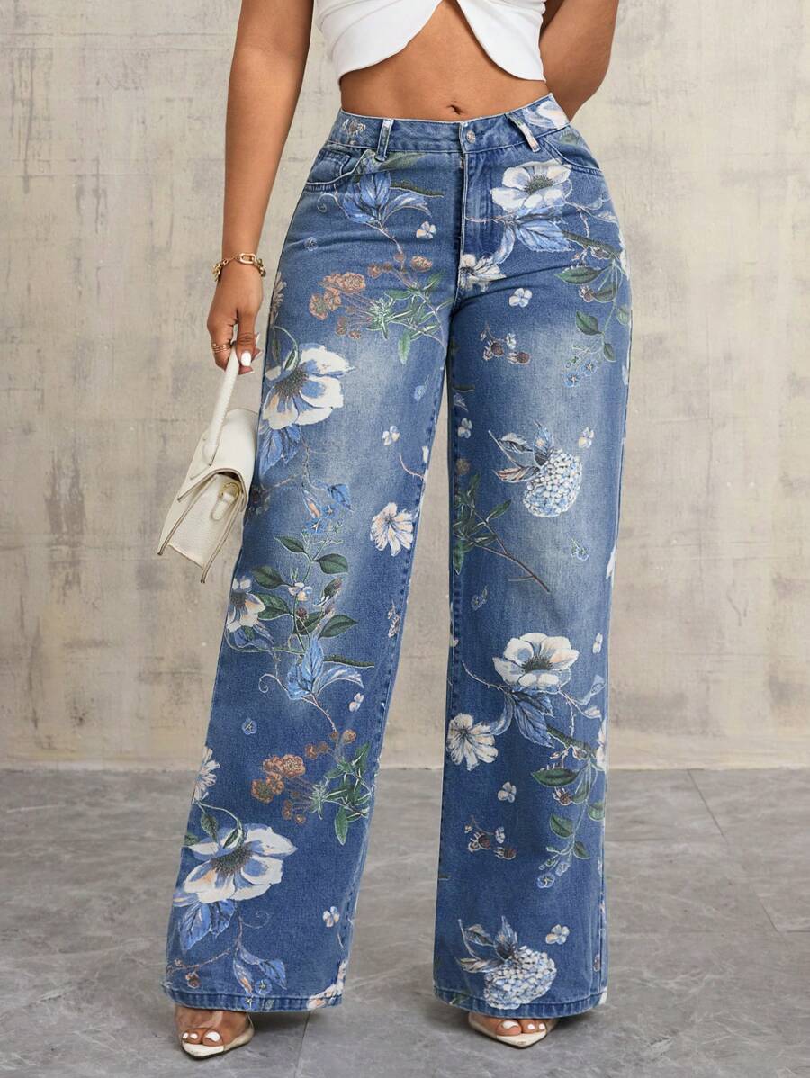 Women's Floral Print Pocket Straight Leg Casual Jeans - Blue - View 1