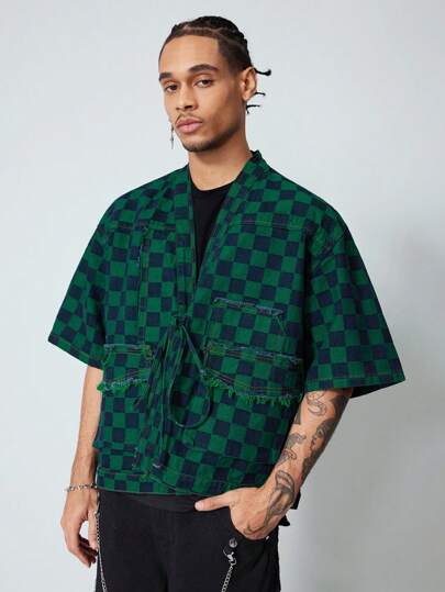 Anime Camisa casual de manga corta con cierre delantero a cuadros para hombres