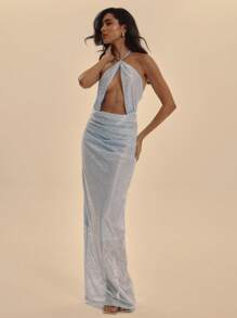 MUSERA Halterneck Cut Out Ruched Waist Floral Satin Fitted Maxi Dress Spring Summer Vacation Elegant Prom Graduation Long Dress - Blue - View 4