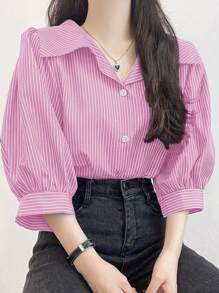 DAZY 女士条纹翻领灯笼袖宽松上衣，春/夏/秋 - 粉色 - 查看 3