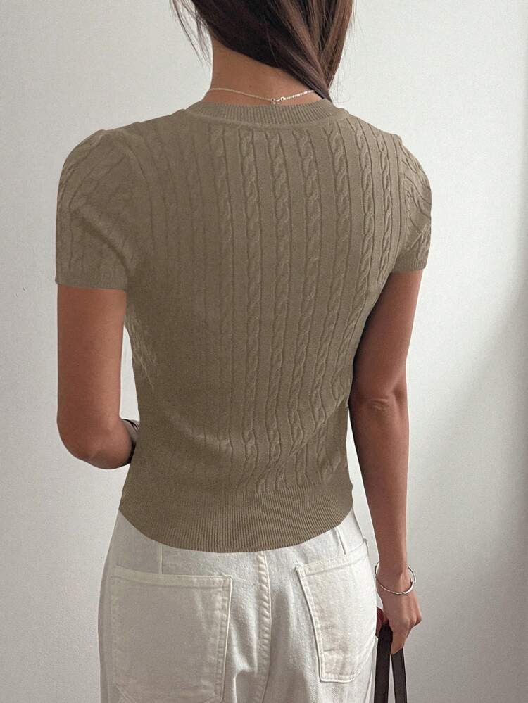 Blusa de punto de manga corta con cuello en V y ajuste ceñido, con diseño bordado, adecuada para primavera y verano