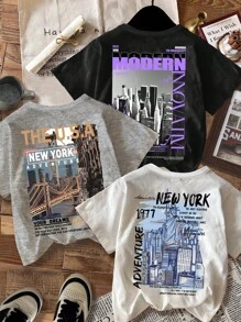 SHEIN New York City View Statue Of Liberty Young Boy Casual Minimalist Round Neck Short Sleeve T-Shirt, Suitable For Summer, Back Of Clothes - Multicolor - View 1