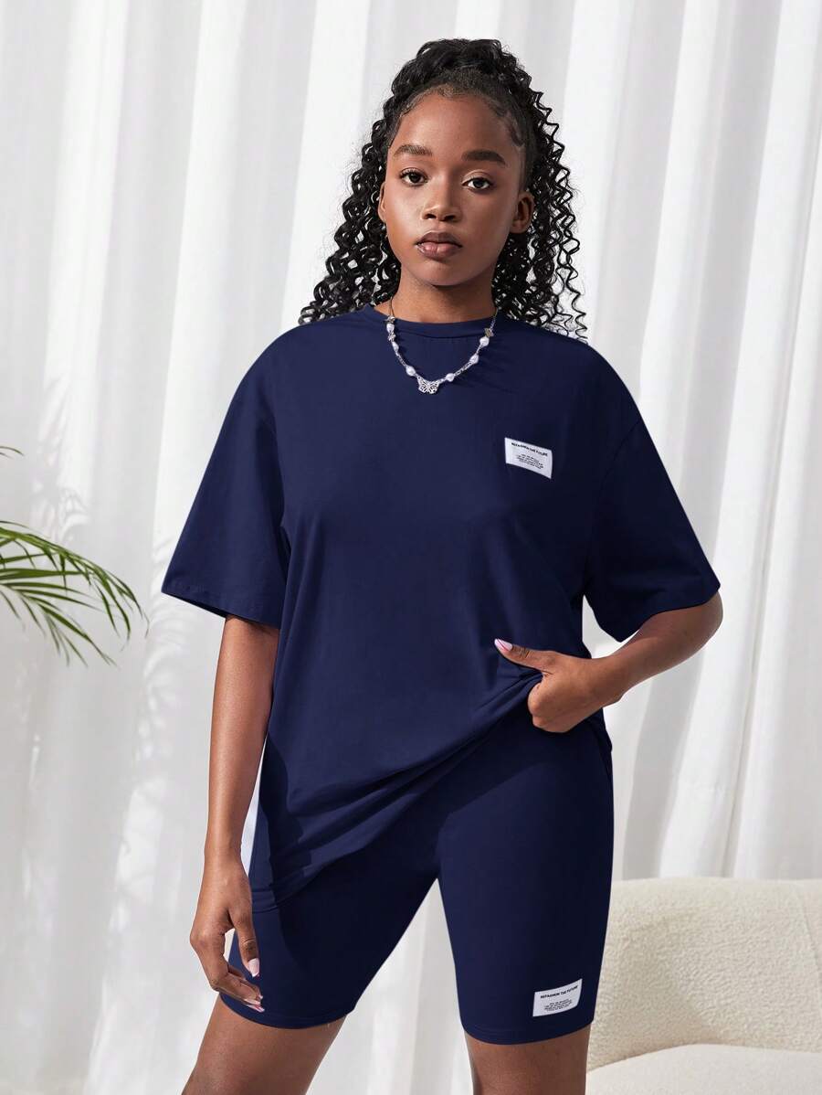 SHEIN 2pcs Teen Girl Knit Solid Color T-Shirt And Shorts Set, Navy Blue - Navy Blue - View 1