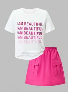 2 pièces Ensemble T-shirt à manches courtes et jupe avec poches, imprimé lettres pour adolescente, printemps/été. Mignon et dynamique pour des rassemblements informels - Multicolore - Voir 4
