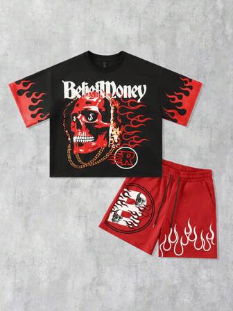 Street Life Men's Flame Skull Printed T-Shirt Set, Loose & Cropped Style