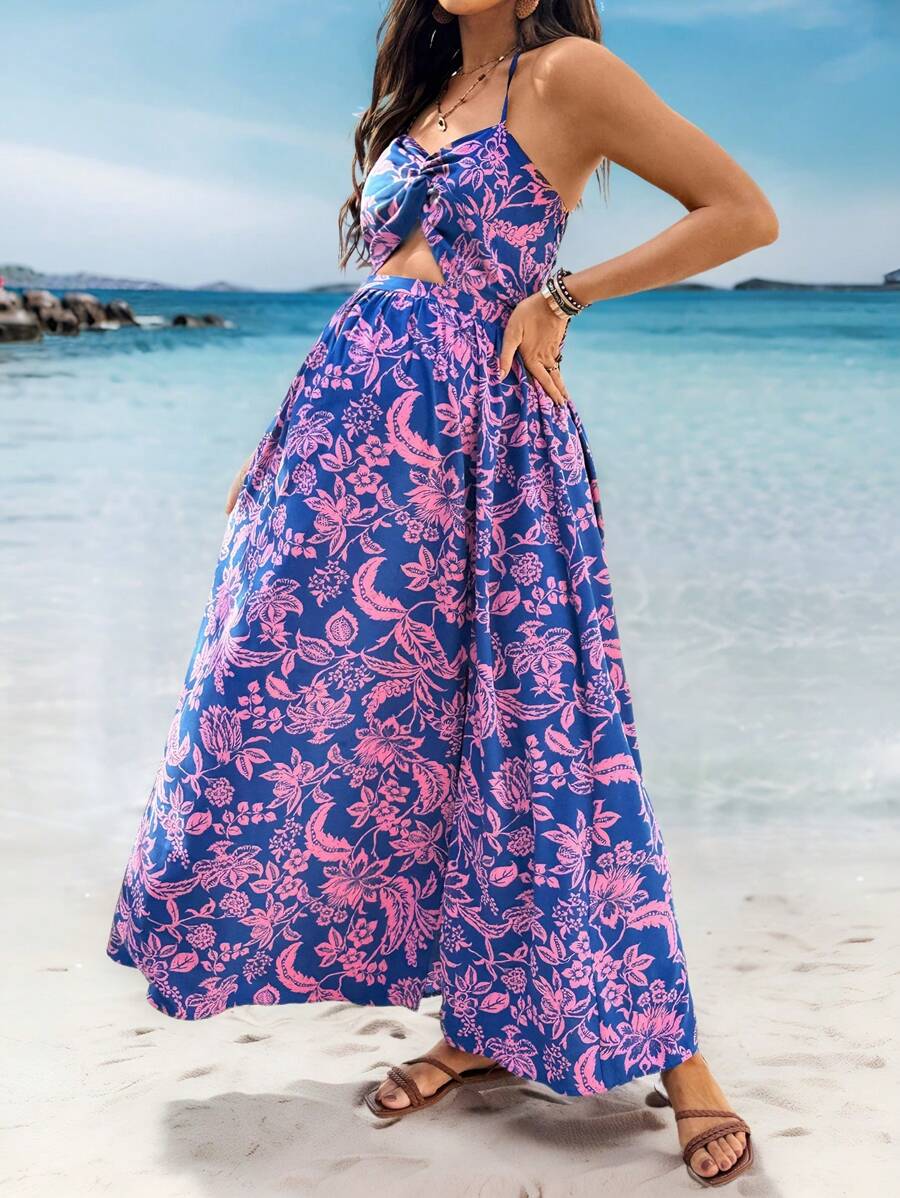 SHEIN Maternity Holiday Casual Floral Allover Print Twist Cut Out Open Back Dress