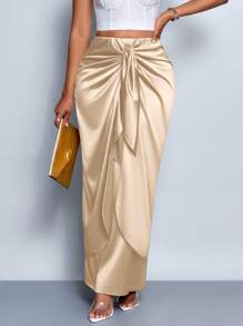 SOLERSUN Women's Elegant Simple Romantic Tie Front Satin Maxi Skirt,Versatile For Date, Commuting, Office
