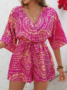 SHEIN VCAY Plus Size Batwing Sleeve Allover Print Casual Romper - Multicolor - View 5