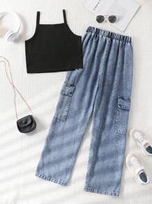 Explorewe Tween Girl Striped Camisole And Utility Denim Jeans Casual Outfit Jeans Set For Girls Outfits For Teens Summer Set Teen Outfits Set - Blue - View 3