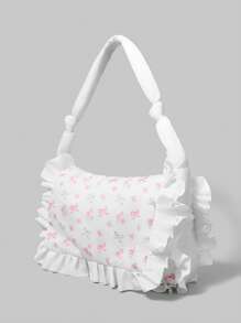 ROMWE Kawaii 1 pieza Bolso de mano con decoración de lazo y volantes en color rosa, de gran capacidad, adecuado para el día de San Valentín y citas