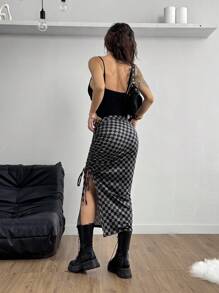 Coolane Women's  Fall/Winter Athleisure Slit Slim Checkerboard   Drawstring  Skirt