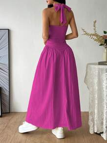 Deep V-Neck Halter Dress With Pleats At The Waist - Apricot - View 2