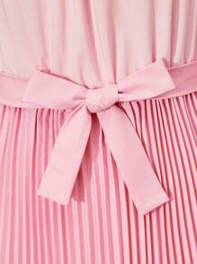 SHEIN Teen Girls' Colorblock Ruffle Trim Square Neck Long Sleeve Pleated Hem Elegant Dress