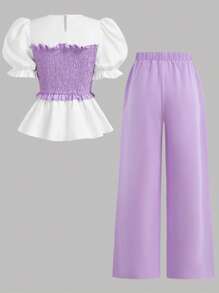 SHEIN Leap Crew TEENGIRL 2pcs Set: Lavender Cable Knit Puff Sleeve Top And Matching Purple Pants, Elegant Two-Piece Outfit - Mauve Purple - View 2
