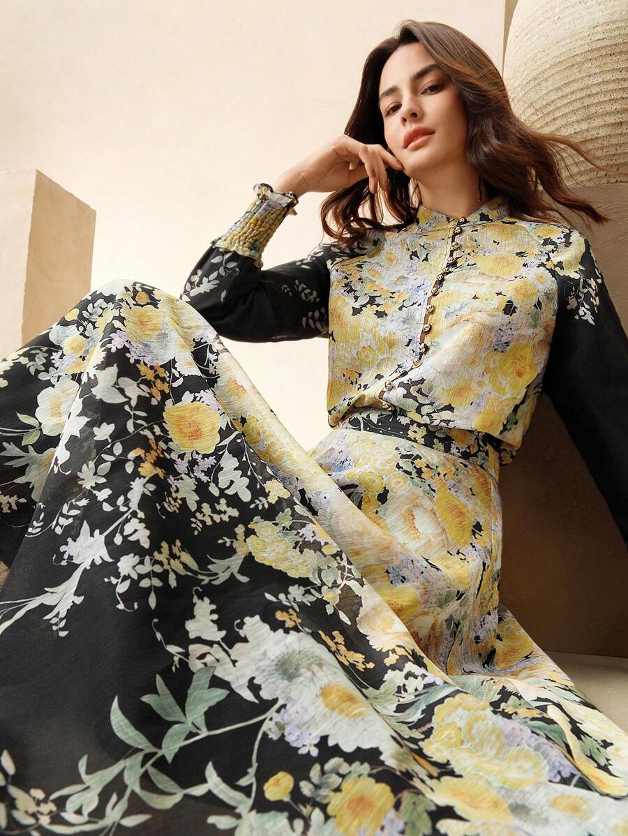 Anewsta Bộ trang phục dự tiệc Elegant Palace dài tay in hoa áo cánh và váy hai mảnh, trang phục lễ hội mùa xuân cho phụ nữ - màu đen - Xem 1