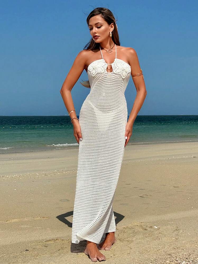 SHEIN Swim Summer Women Beach Dress, Crochet Long Cover-Up Dress