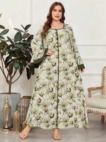 Al Najma 大码花卉拼布喇叭袖装饰纽扣前开襟连衣裙，浪漫