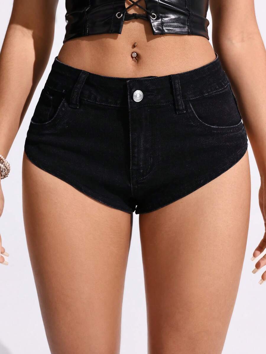 SHEIN EZwear 女士时尚性感低腰迷你牛仔短裤 - 黑色 - 查看 1