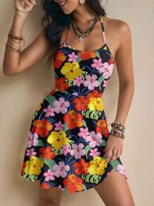 Whitebread Flower Print Vacation Spaghetti Strap Summer Beach Women Short Dress - Multicolor - View 3