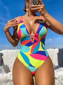 BamGleam Casual Minimalist Multicolor Print One-Piece Swimsuit, For Summer Beach Vacation
