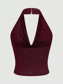 Sweetra Top halter con cuello drapeado brillante para mujer talla grande