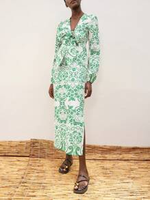 Maija 2025 Spring & Summer New Casual Fashion Beach Resort Green Floral Print Bow Design Maxi Dress For Women, Comfortable Everyday Casual Romantic Holiday Outfit Suitable For Outings, Parties, Wedding, Dates, Music Festivals, Graduation - Red - View 1