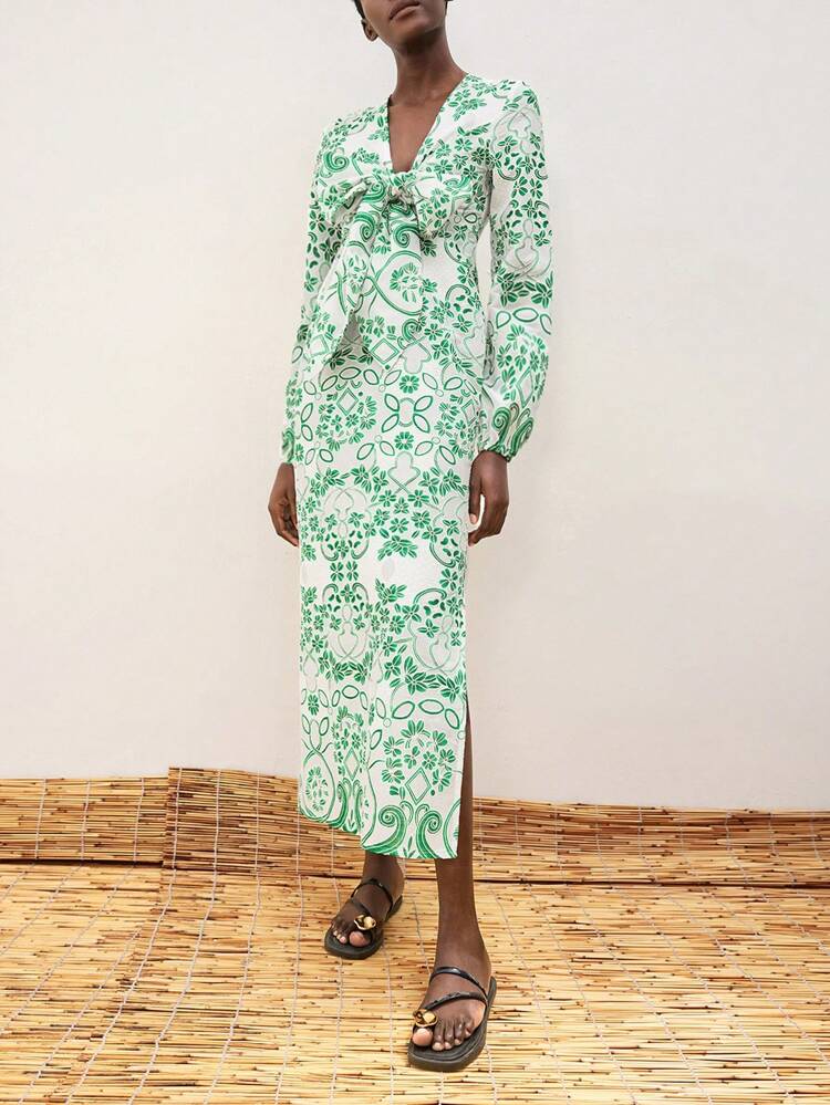 SHEIN Maija 2025 Spring & Summer New Casual Fashion Beach Resort Green Floral Print Bow Design Maxi Dress For Women, Comfortable Everyday Casual Romantic Holiday Outfit Suitable For Outings, Parties, Wedding, Dates, Music Festivals, Graduation