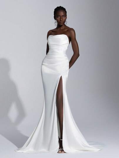 Elitara Elegant And Gorgeous White Stretch Knitted Back Love Bridge Design Tube Full Body Pleats Sexy Slit Suitable For Wedding Season Bridal Dress Formal Occasion Wedding Dress, Bride